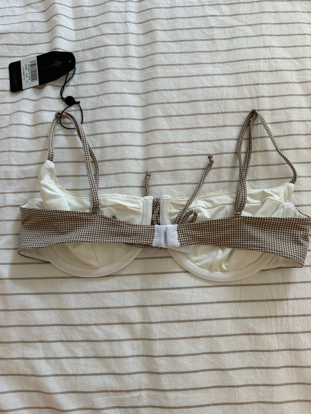 Frankie's Bikinis White Eyelet Underwire Bralette with Brown Gingham Trim